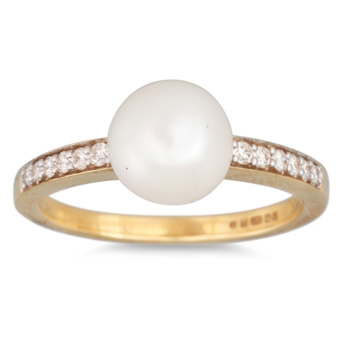 80 - A DIAMOND AND PEARL RING, the white toned pearl to diamond shoulders, mounted in 18ct yellow gold, s... 