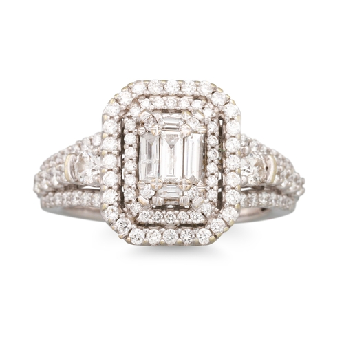 84 - A DIAMOND CLUSTER RING, set with baguette and brilliant cut diamonds and diamond shoulders, mounted ... 