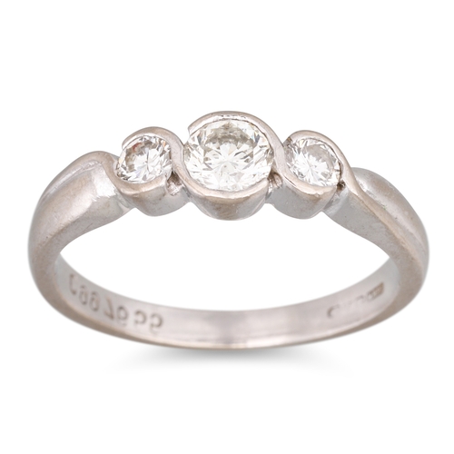 90 - A THREE STONE DIAMOND RING, mounted in platinum. Size: L