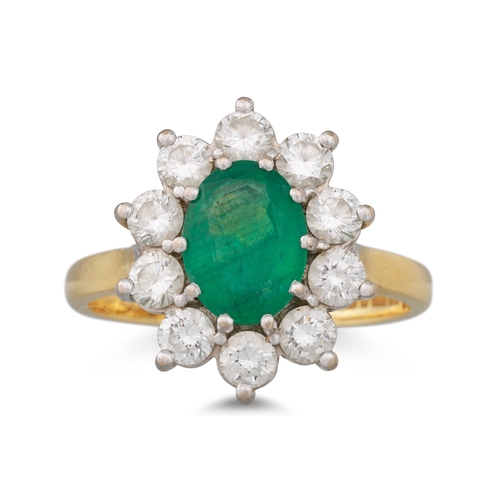 94 - AN EMERALD AND DIAMOND CLUSTER RING, the oval emerald to a brilliant cut diamond surround, mounted i... 