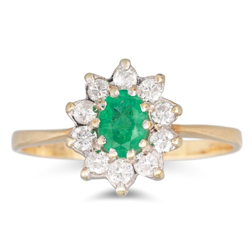 99 - AN EMERALD AND DIAMOND CLUSTER RING, mounted in 9ct yellow gold, size M - N