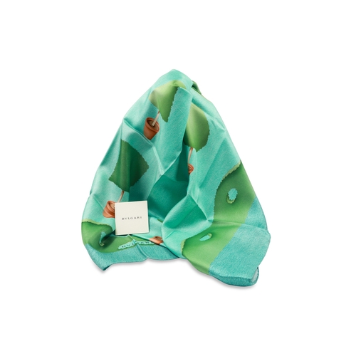 193 - A BULGARI SILK SCARF, green and blue tones, square, box & card