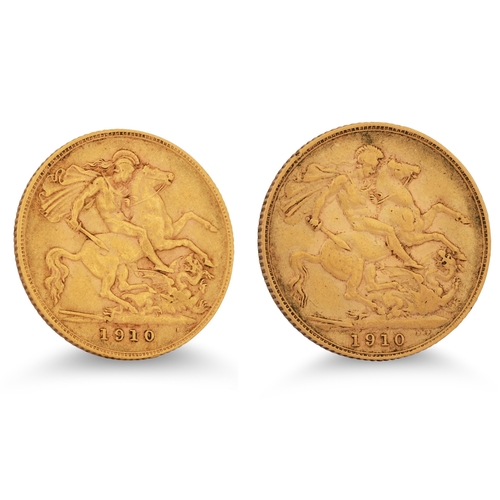 205 - AN EDWARDIAN VII FULL GOLD SOVEREIGN ENGLISH COIN, 1910 (8 g.) together with an Edwardian VII half g... 