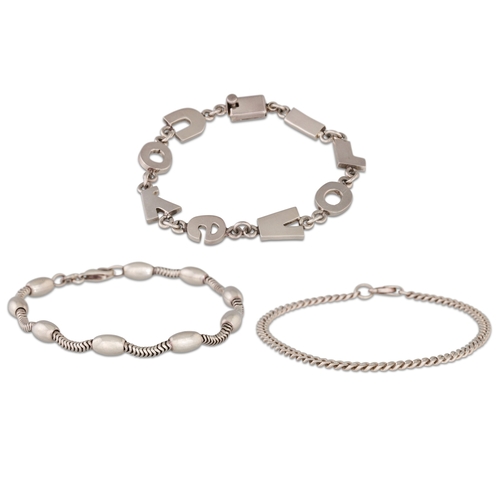 23 - A COLLECTION OF SILVER BRACELETS, one with oval beads and chain link, one curb link and one plain