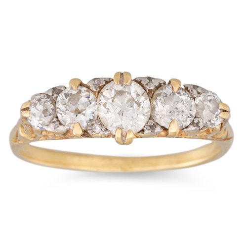 29 - AN ANTIQUE FIVE STONE RING, the graduated old cut diamond in a 18ct yellow gold setting. Estimated: ... 