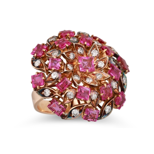 35 - A VINTAGE DIAMOND AND PINK SAPPHIRE CLUSTER RING, mounted in yellow gold, size K