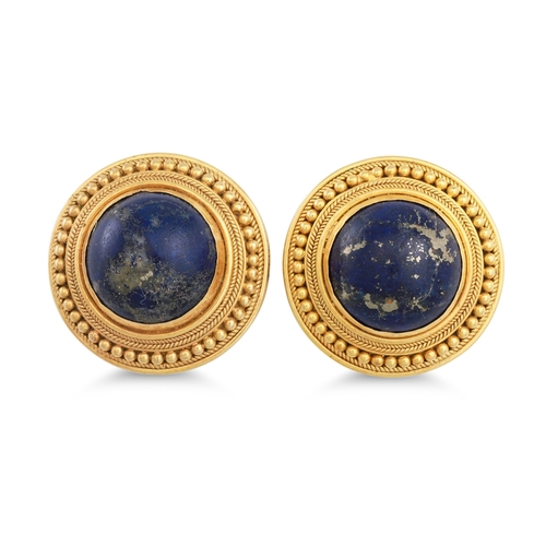 38 - A PAIR OF VINTAGE LAPIS LAZULI EARRINGS, to gold beaded surrounds, (surround tests as 21ct)