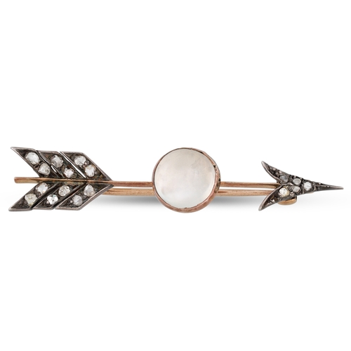 42 - AN ANTIQUE MOONSTONE AND ROSE CUT DIAMOND BROOCH, in the form of an arrow