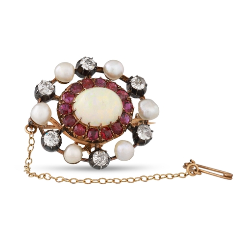 43 - AN ANTIQUE OPAL, PEARL, DIAMOND AND RUBY CLUSTER BROOCH, the central opal to a ruby surround, furthe... 