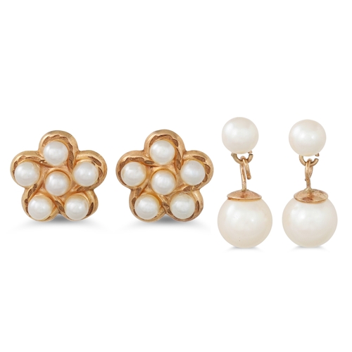 46 - TWO PAIRS OF PEARL EARRINGS, one cluster and one of drop form