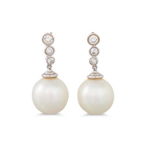 47 - A PAIR OF PEARL AND DIAMOND DROP EARRINGS, the brilliant cut diamonds suspending pearl drops, mounte... 