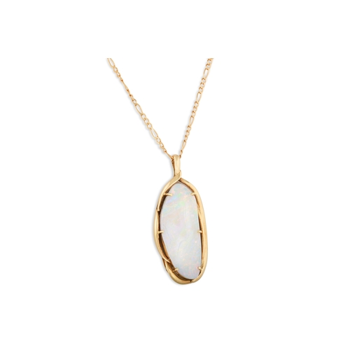 48 - AN AUSTRALIAN OPAL PENDANT, mounted in 18ct yellow gold, to an 18ct yellow gold flat link neck chain... 