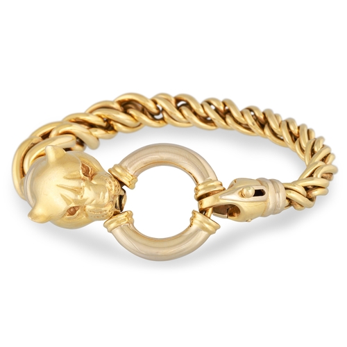 49 - AN 18CT GOLD ITALIAN BRACELET, the rope link chain terminating in a panther's head, 70 g.