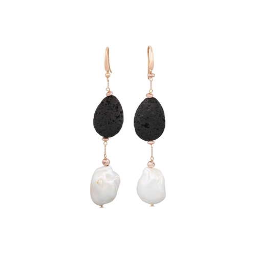 62 - A PAIR OF BAROQUE PEARL AND LAVA DROP EARRINGS, mounted in gold