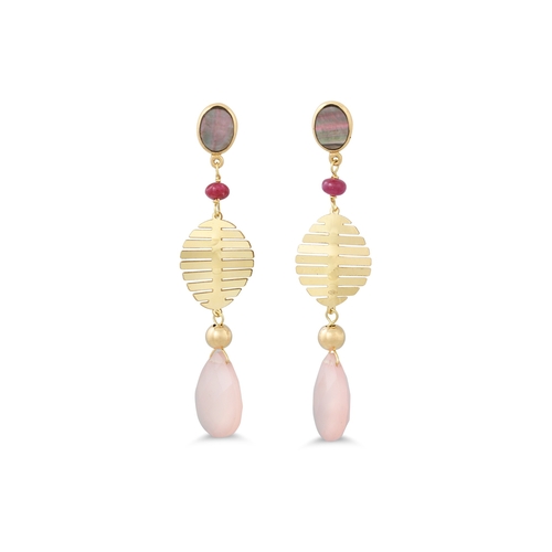 63 - A PAIR OF PINK CHALCEDONY, RUBY AND MOTHER OF PEARL DROP EARRINGS, gold mounted