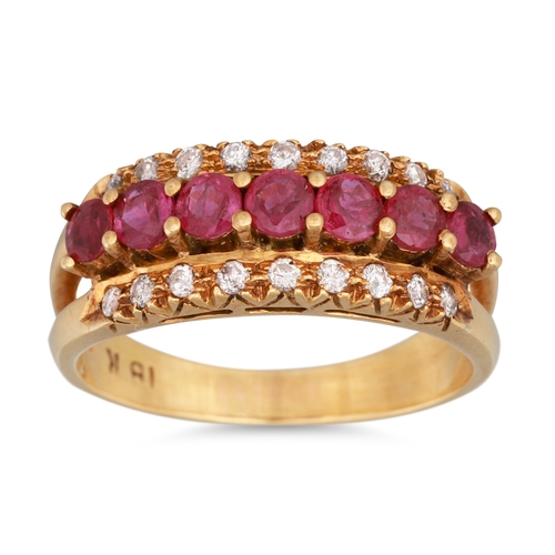 98 - A VINTAGE DIAMOND AND RUBY DRESS RING, three rowed, ca 1960, mounted in 18ct gold. Size: N