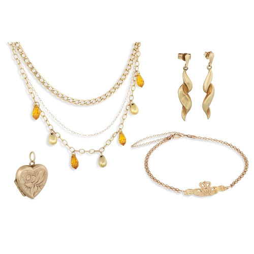 8 - THREE 9CT GOLD NECKLACES, together with a 9ct gold bracelet and earrings, 15 g. total