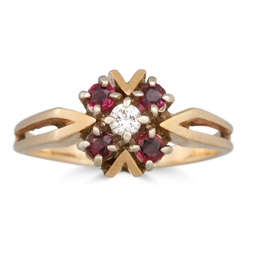 80 - A DIAMOND AND GEMSTONE CLUSTER RING, mounted in yellow gold, size M - N