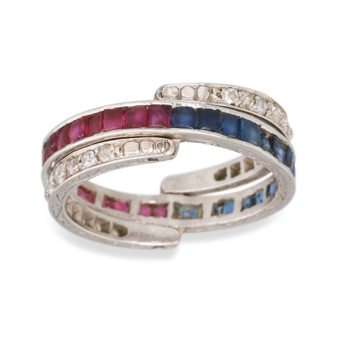 81 - AN ANTIQUE DIAMOND, RUBY AND SAPPHIRE FULL ETERNITY RING, of articulated design, mounted in gold, si... 
