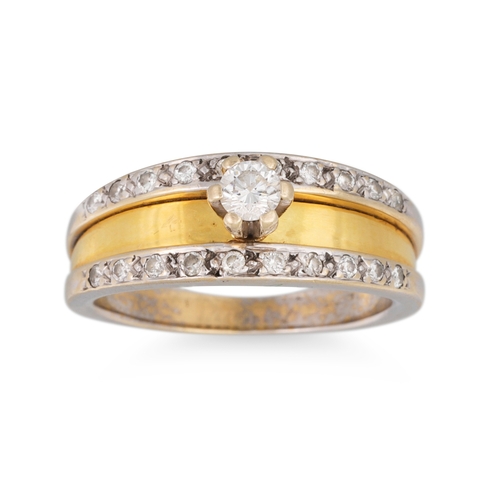 83 - A DIAMOND SOLITAIRE RING, the round brilliant cut diamond to diamond border, in two colour gold. Est... 