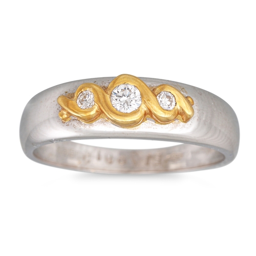 90 - A THREE STONE DIAMOND RING, mounted in 18ct two colour gold, size N