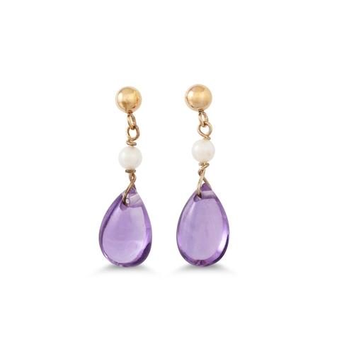 10 - A PAIR OF AMETHYST AND PEARL DROP EARRINGS, mounted in 9ct gold