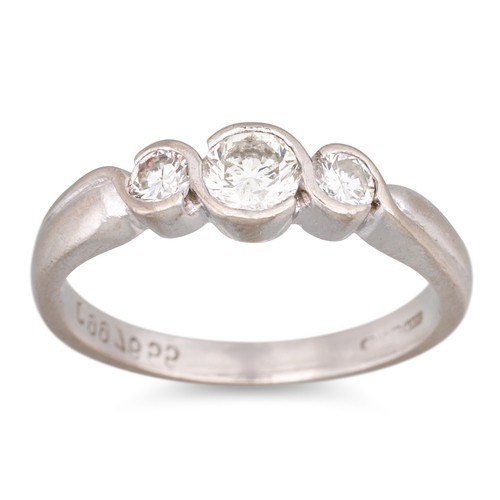 100 - A THREE STONE DIAMOND RING, mounted in platinum. Size: L