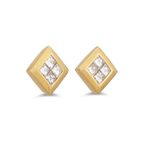 12 - A PAIR OF DIAMOND CLUSTER EARRINGS, of square from, mounted in 18ct gold