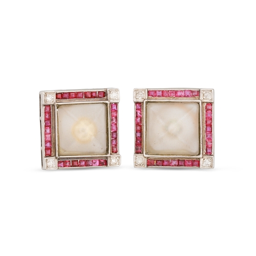 121 - A PAIR OF RUBY, DIAMOND AND ROCK CRYSTAL EARRINGS, of square cluster form, mounted in platinum and 9... 