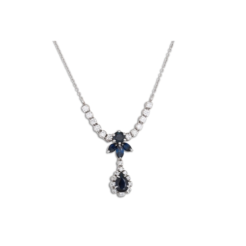 127 - A SAPPHIRE AND DIAMOND CLUSTER DROP PENDANT, on a chain, mounted in 18ct white gold