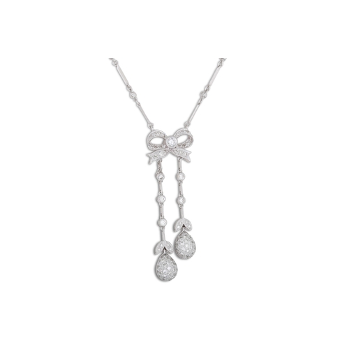 128 - A DIAMOND DROP NECKLACE, comprising a bow, suspending two pavé set diamond drops, mounted in 18ct wh... 