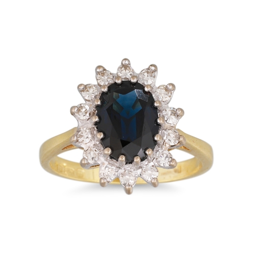 13 - A SAPPHIRE AND DIAMOND CLUSTER RING, the oval sapphire to diamond surround, mounted in 18ct yellow g... 