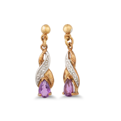 138 - A PAIR OF DIAMOND AND AMETHYST DROP EARRINGS, mounted in white and yellow gold