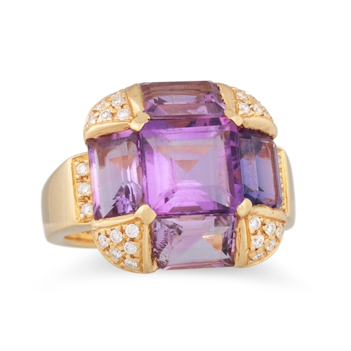 139 - AN AMETHYST AND PAVÉ DIAMOND SET RING, mounted in 18ct yellow gold, London hallmark, 19 g. size L