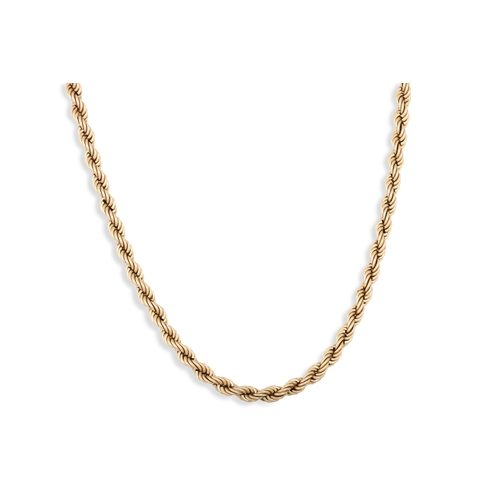 14 - A YELLOW GOLD ROPE NECK CHAIN, 16.5 g.