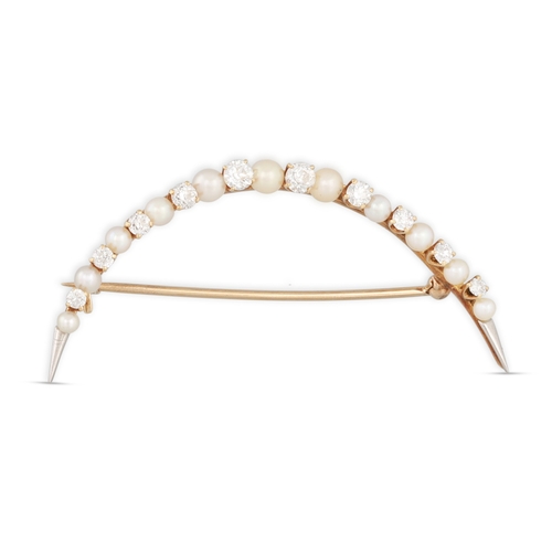 140 - A VICTORIAN PEARL AND DIAMOND CRESCENT BROOCH, set with alternating old cut diamonds and pearls, in ... 
