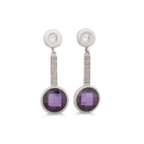 144 - A PAIR OF AMETHYST AND DIAMOND DROP EARRINGS, the circular faceted amethysts suspended from colet se... 