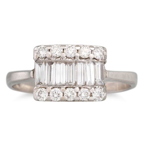150 - A DIAMOND CLUSTER RING, set with baguette and brilliant cut diamonds, mounted in 18ct white gold. Es... 