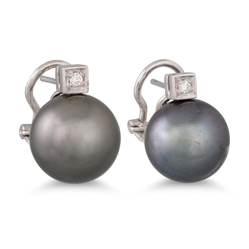153 - A PAIR OF TAHITIAN PEARL AND DIAMOND EARRINGS, mounted in 18ct white gold