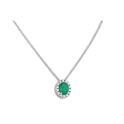 155 - AN EMERALD AND DIAMOND CLUSTER PENDANT, mounted in white gold, on a 18ct white gold chain. Estimated... 