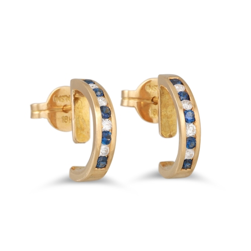 16 - A PAIR OF DIAMOND AND SAPPHIRE HOOP EARRINGS, mounted in 18ct yellow gold