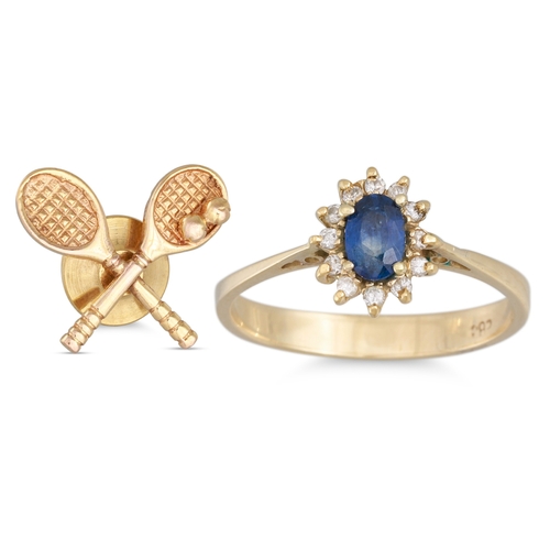 164 - A SAPPHIRE AND DIAMOND CLUSTER RING, mounted in 14ct gold, size K - L, together with a 9ct gold Ten... 
