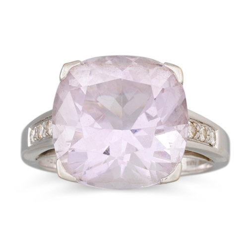 170 - A PALE PINK AMETHYST AND DIAMOND RING, the cushion cut amethyst to diamond shoulders, stamped Maubou... 