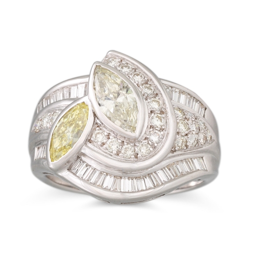 171 - A DIAMOND CLUSTER RING, set with two marquise cut yellow diamonds, to channel set surround, mounted ... 