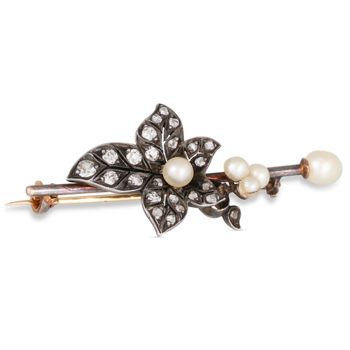 172 - AN ANTIQUE DIAMOND AND PEARL SET BROOCH, the old cut diamond set leaf to a pearl set bar