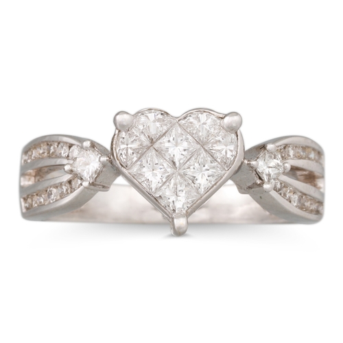 174 - A DIAMOND CLUSTER RING, heart shaped panel set with princess cut diamonds, mounted in 18ct white gol... 