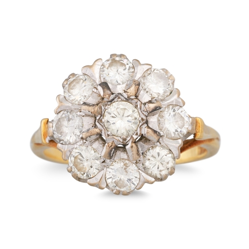 18 - A DIAMOND CLUSTER RING, daisy form, mounted in 18ct yellow gold. Estimated: weight of diamonds: 1.80... 