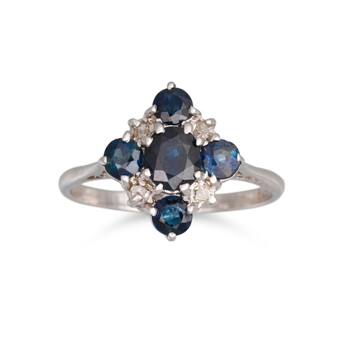 181 - A DIAMOND AND SAPPHIRE CLUSTER RING, mounted in 9ct white gold, size L
