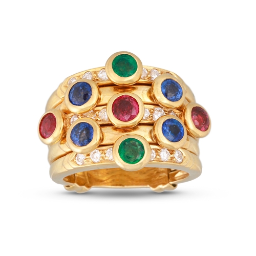 185 - A MULTI-GEM SET RING, by Adler, comprising five bands set with diamond, ruby, emerald and sapphire, ... 