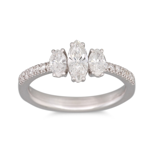 192 - A THREE STONE DIAMOND RING, the three marquise cut diamonds to diamond set shoulders, mounted in 18c... 